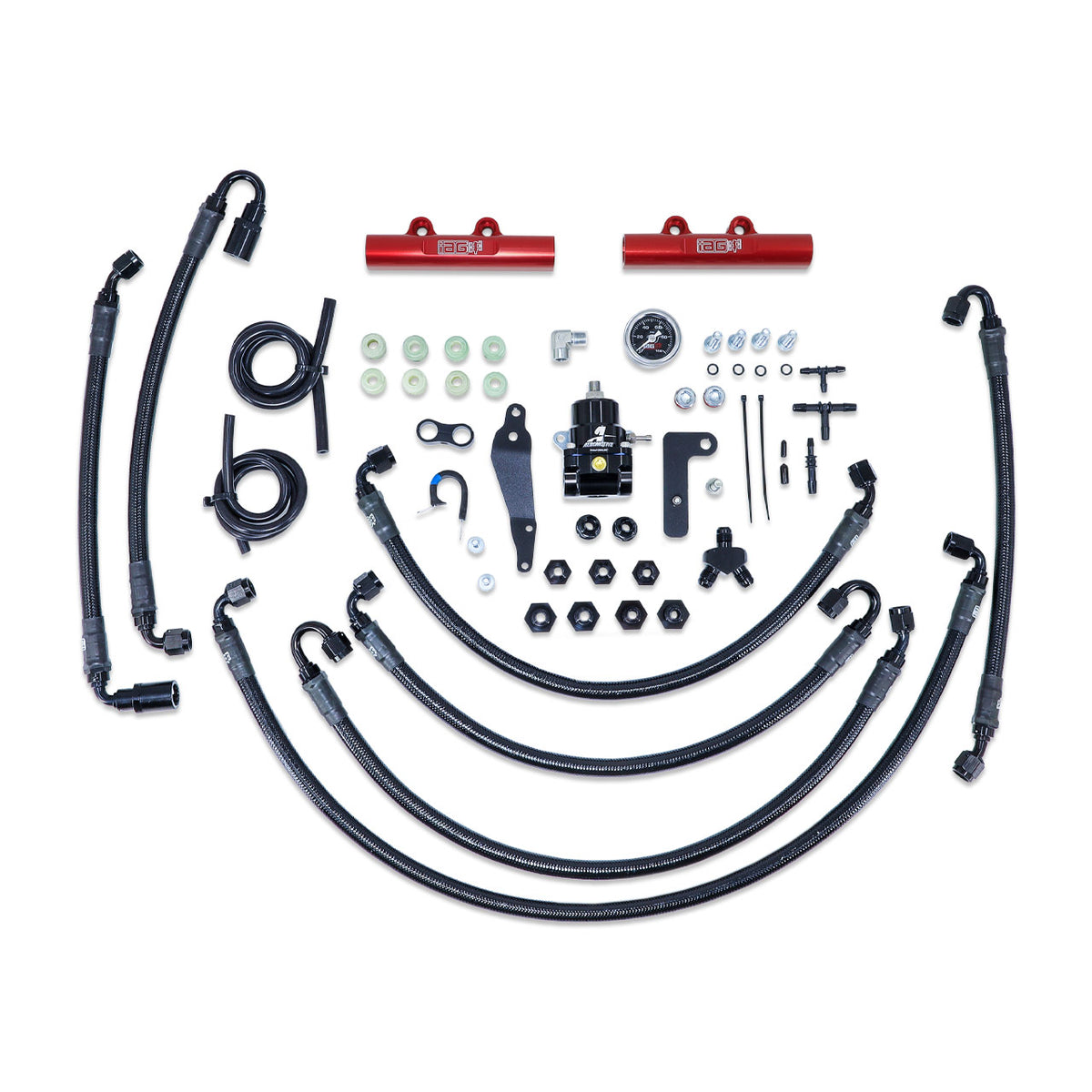 IAG PTFE Flex Fuel System Kit w/ Aeromotive FPR, IAG Red Fuel Rails for 08-14 WRX, 08-21 STI