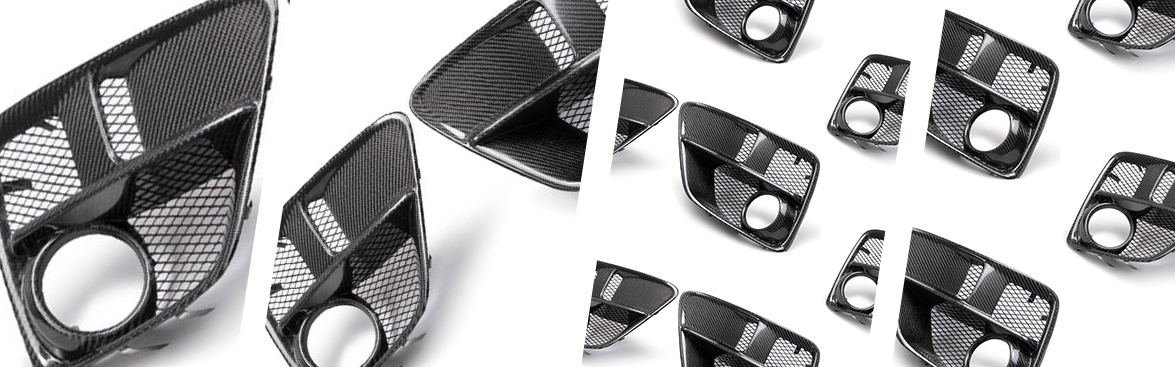 Photo collage of carbon fiber accessories.