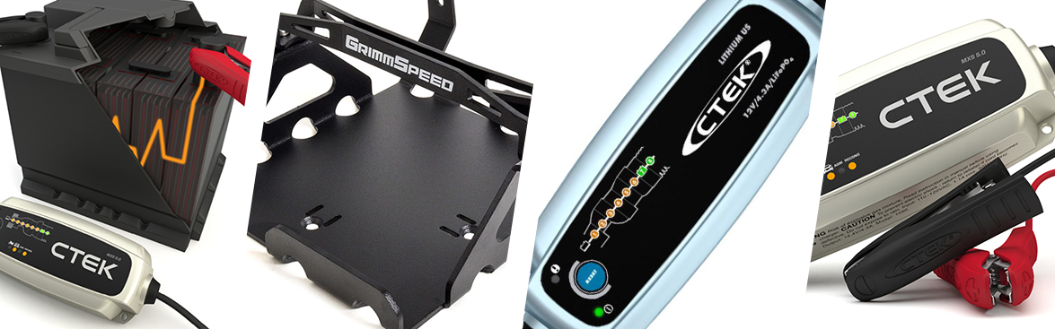 Photo collage of battery accessories.