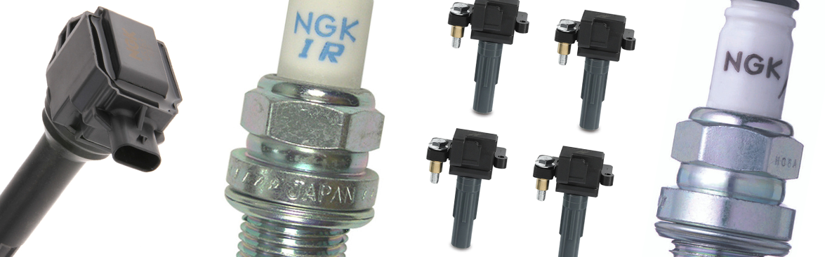 Photo collage of spark plugs and ignition coils.