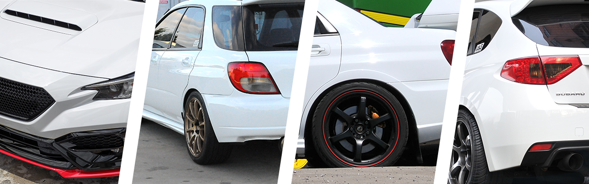 Photo collage of Subarus.
