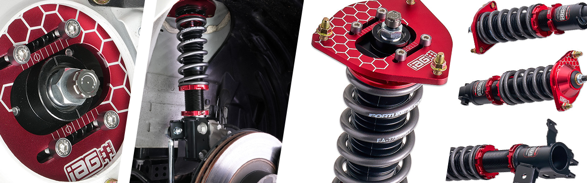 Photo collage of coilovers from IAG Performance and Fortune Auto.