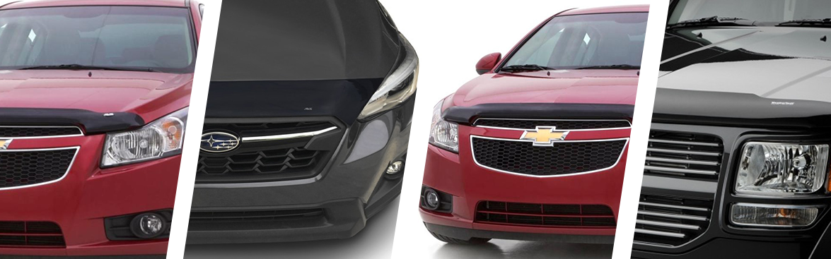 Photo collage of various vehicles with hood deflectors installed.