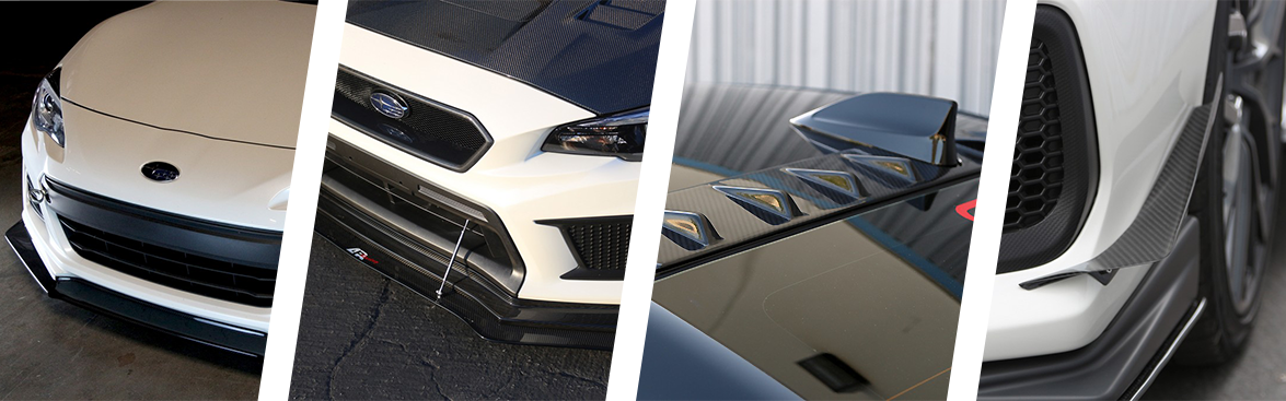 Photo collage of Subarus with accessories.