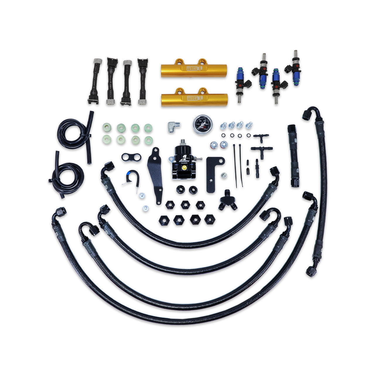 IAG PTFE Fuel System Kit w/ FIC Injectors, Aeromotive FPR, IAG Fuel Rails for 08-14 WRX, 08-21 STI