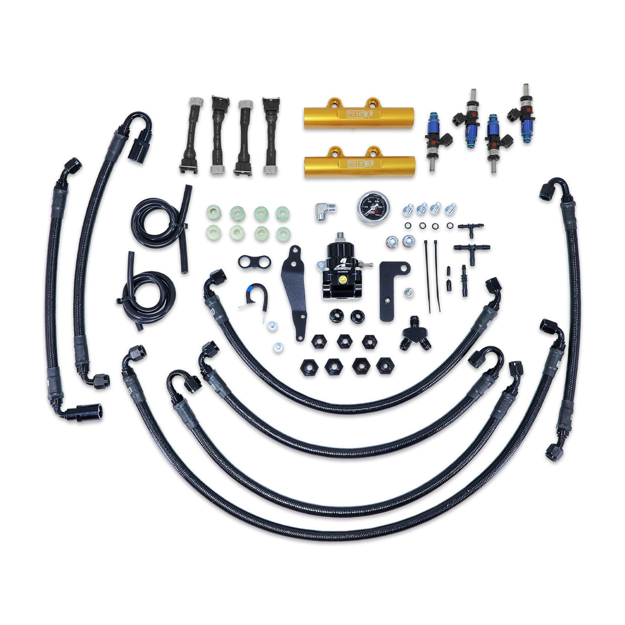 IAG PTFE Flex Fuel System Kit w/ FIC Injectors, Aeromotive FPR, IAG Fuel Rails for 08-14 WRX, 08-21 STI