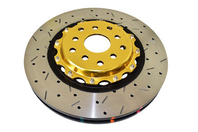 DBA Front 5000 Series XS Drilled & Slotted Brake Rotor w/ Gold Hat For 2004-17 Subaru WRX STI, 17-20 BRZ w/ Brembo Kit (Perf Pkg) - DBA5654GLDXS-10