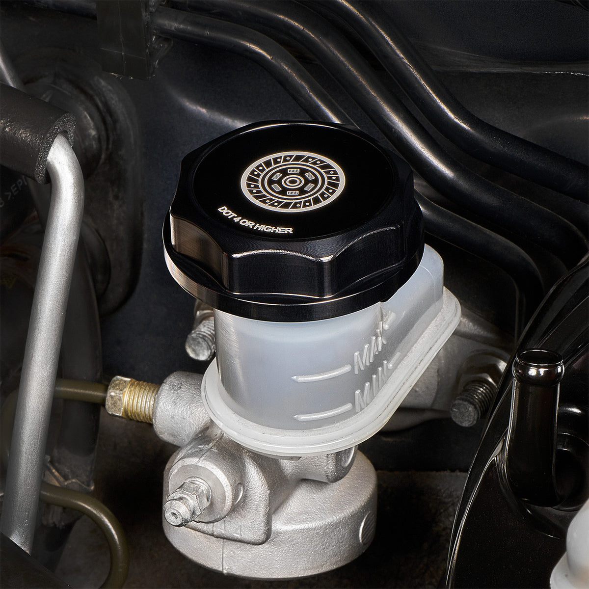 IAG Revolve Clutch Fluid Reservoir Cap w/ Anodized Color Accent for WRX STI - Black Installed