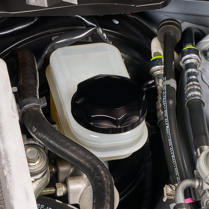 IAG Revolve Engine Bay Dress-Up Cap Kit for 15-21 STI - Black Brake Cap Install Close-up 2