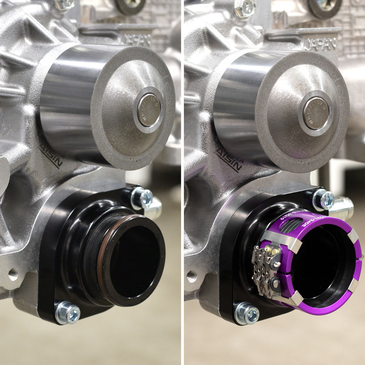 IAG Subaru Wiggins Style Thermostat Housing for 02-24 WRX, 04-21 STI, 04-13 FXT, 05-09 LGT, 13-24 BRZ - Installed 2 Comparison