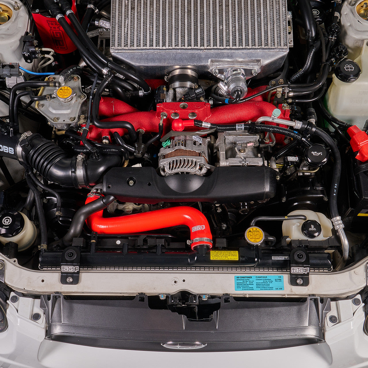 IAG Silicone Upper & Lower Radiator Hose Kit For 2002-07 WRX, 04-07 STI - Red Installed