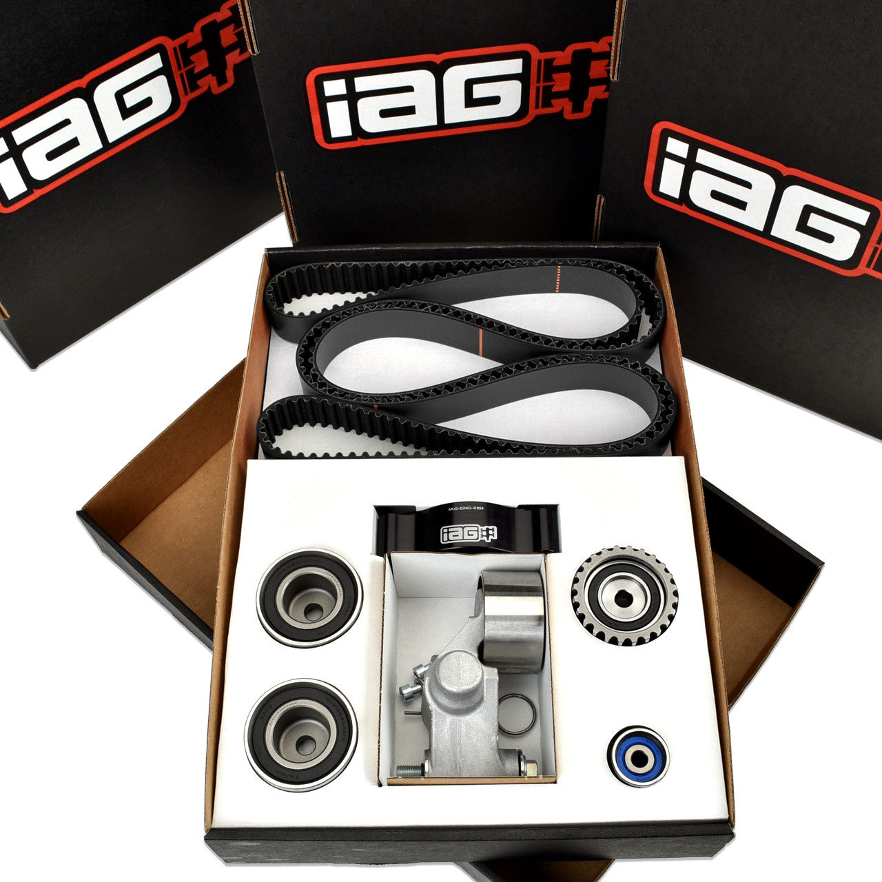IAG Timing Belt Kit with IAG Black Racing Belt, Timing Guide, Idlers & Tensioner - Packaging
