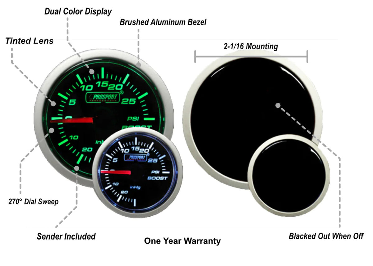 Prosport 52mm Green/White Electrical Boost Gauge - Specs