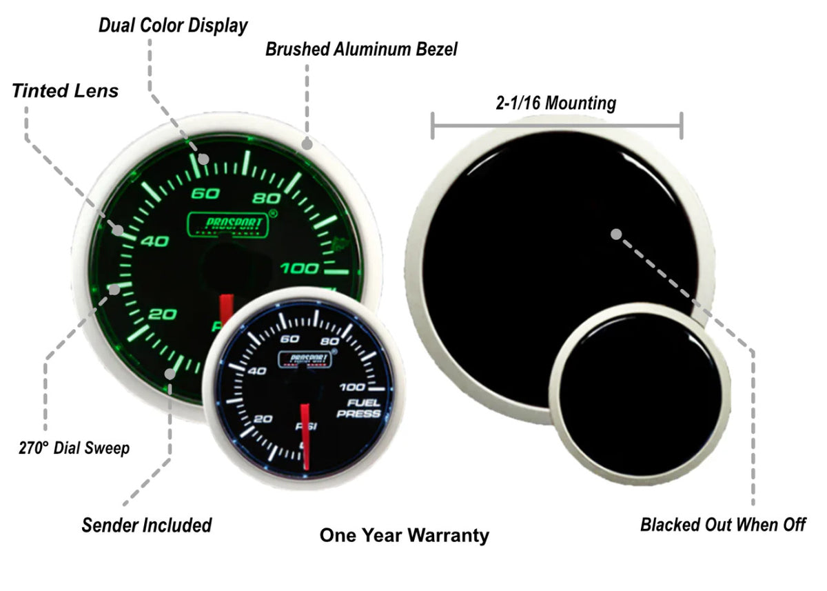 Prosport 52mm Green/White Fuel Pressure Gauge - Specs