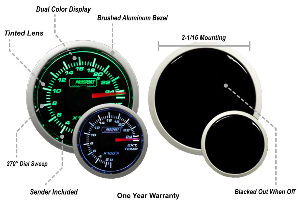 Prosport 52mm Green/White Exhaust Gas Temperature Gauge - Specs