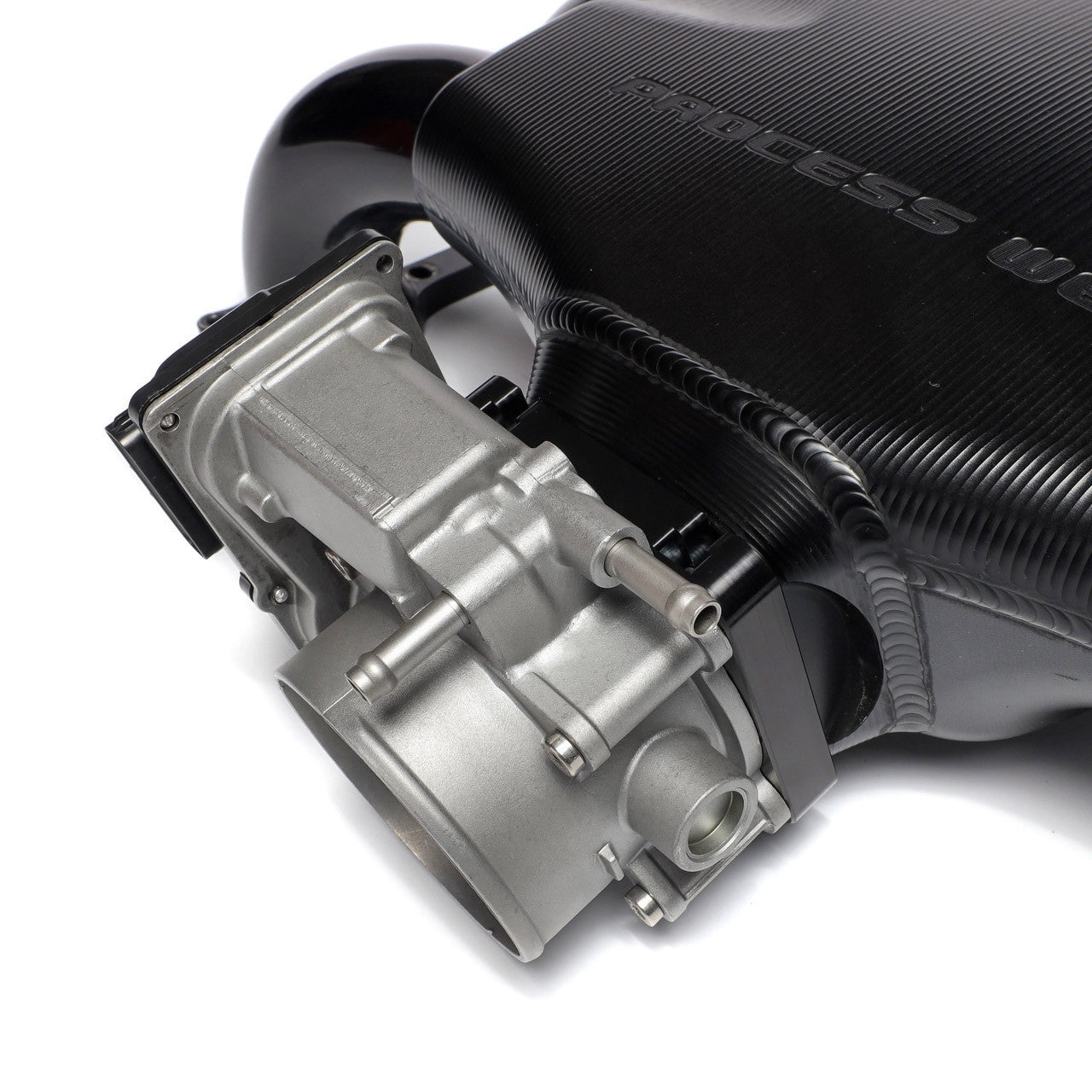IAG Big Bore 76mm Throttle Body & Black Anodized Adapter Package mounted to for Subaru STI Process West Intake Manifolds