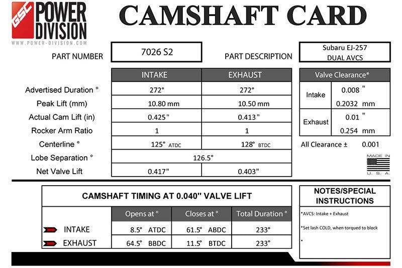 GSC S2 Billet Camshaft Set for the 2008-21 Subaru STI with Dual AVCS - Specs 2