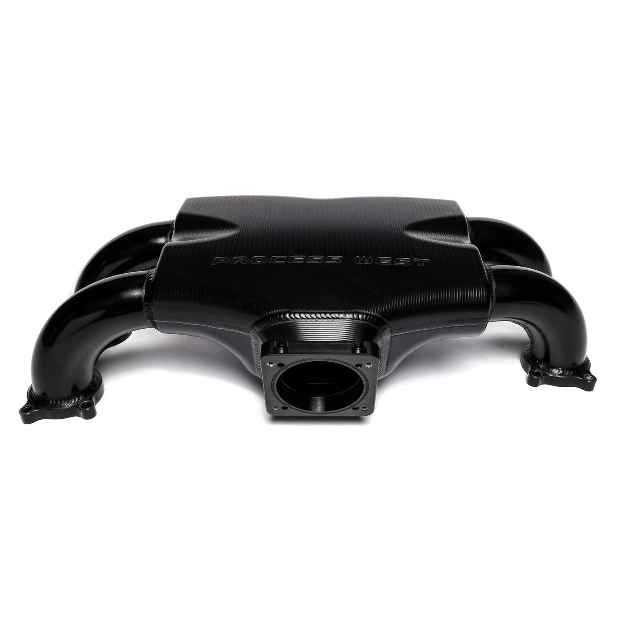 IAG Big Bore 76mm Throttle Body Black Anodized Adapter mounted to a Subaru STI Process West Intake Manifold
