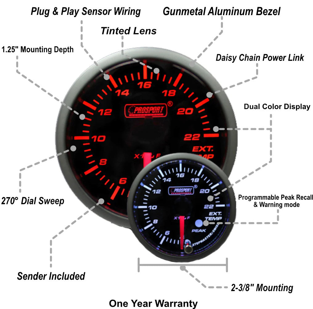 Prosport 60mm Amber/White Premium EGT Gauge - specs