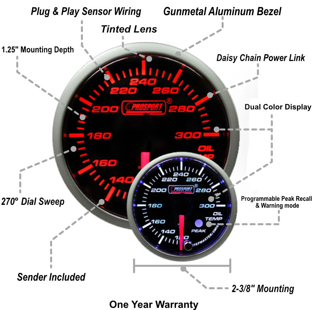 Prosport 60mm Amber/White Premium Oil Temperature Gauge - specs