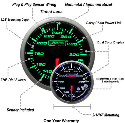Prosport 52mm Green/White Premium Oil Temperature Gauge - Specs