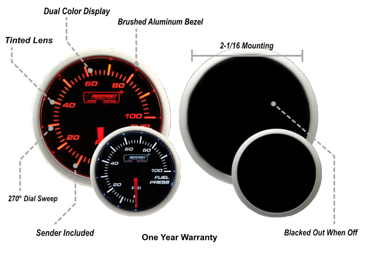 Prosport 52mm Amber / White - Fuel Pressure Gauge - Specs
